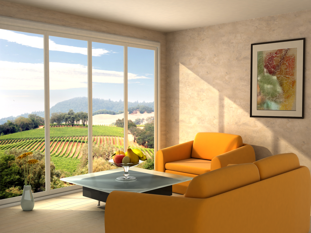 Photo shows interior living room scene with large picture window looking out at a beautiful vineyard